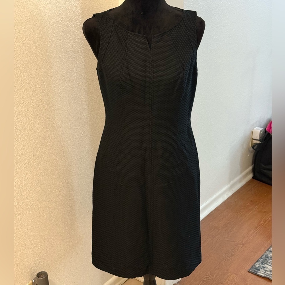 Talbots Black Herringbone Slit Neck Sleeveless Midi Dress